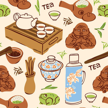Traditional Chinese tea ceremony items. Ceramic tea cups, bamboo tray, clay teapot, statuettes, vacuum bottle, porcelain tea caddy. Hand drawn Vector illustration. Square seamless Pattern