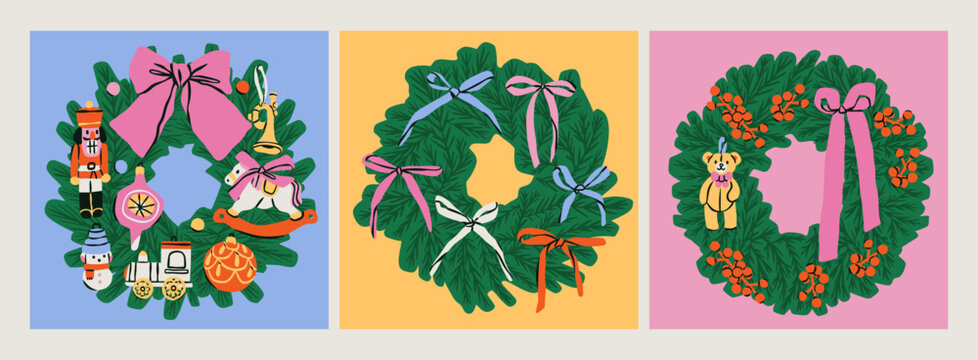 Christmas Wreath set. Green pine, spruce wreath with festive traditional xmas or new year decorations. Toys, red ribbons, berries. Hand drawn trendy Vector illustration. Isolated design elements