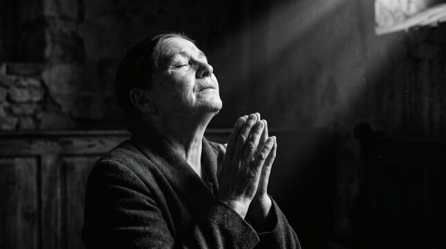 cinematic black and white portrait of praying senior woman with tear dramatic light emotional faith
