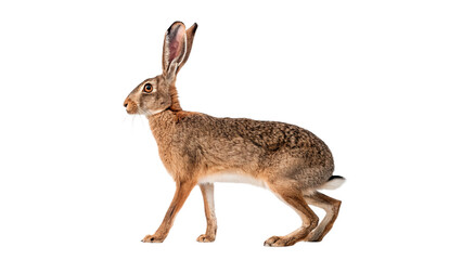 Wild brown hare or long eared rabbit standing alert on ground isolated on transparent background. © Brian