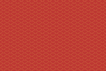 Ocean waves seamless pattern in gold line fish scale style on red © jawad.fm