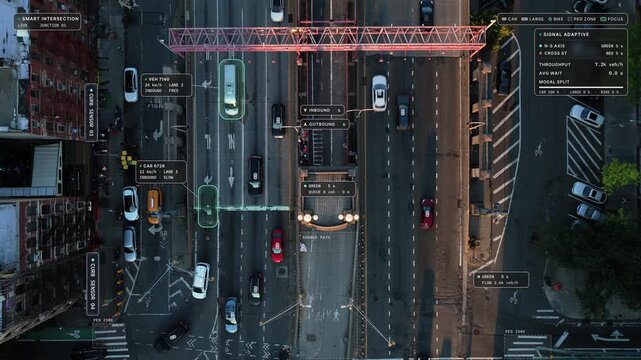 Top down static aerial view of New York in low sun: cars at a signalized junction with smoked glass HUD overlay, vehicle detection, signal phases. Concept of smart intersection, traffic analytics