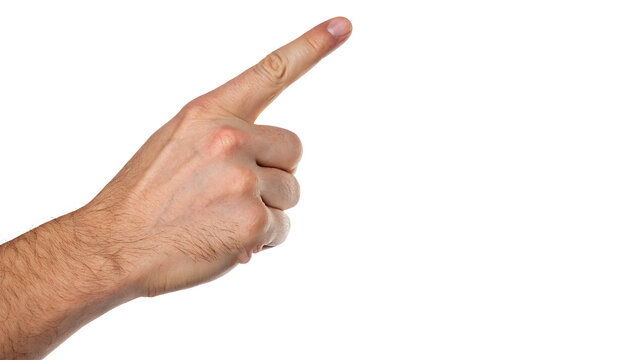 Human male index finger pointing forward or directing attention to something isolated on transparent background.