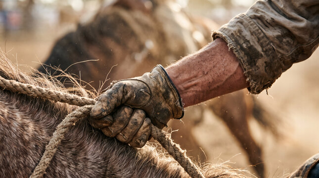 rodeo bronc riding macro leather glove gripping braided rope with horse mane sweat and dust gritty western