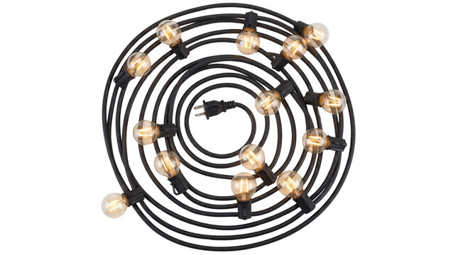 Coiled outdoor string lights with edison bulbs isolated on transparent background png