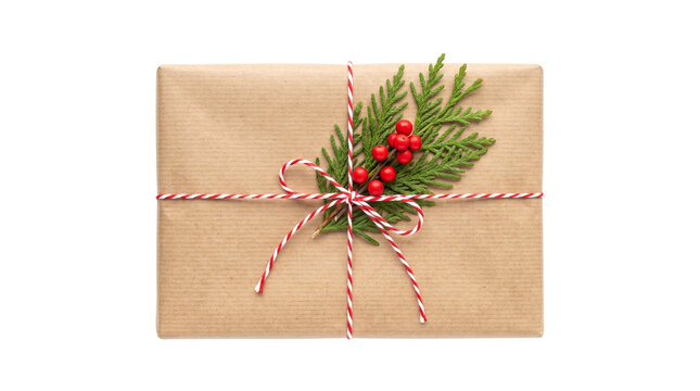 christmas gift wrapped in brown kraft paper isolated on transparent background png