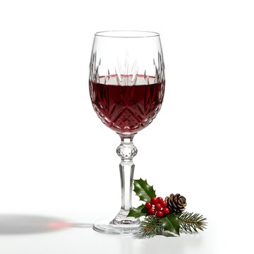 Elegant Crystal Wine Glass Filled With Red Wine and Festive Holiday Decor