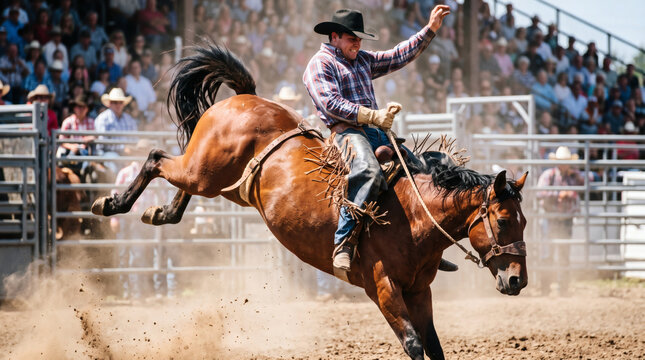 wild bucking bay horse and cowboy rodeo action photo powerful airborne stallion dust and raw energy cinematic western stock image