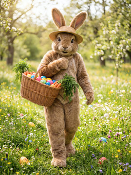 adorable easter bunny rabbit carrying wicker basket with colorful eggs and fresh carrots cute spring holiday festive illustration for greeting cards and seasonal decor