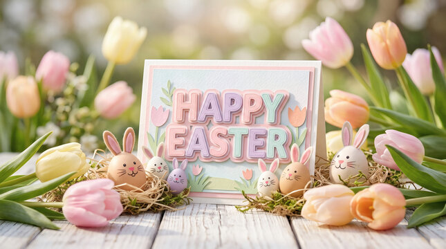 happy easter pastel background with cute bunny eggs and tulips 3d greeting card design typography happy easter spring holiday banner commercial