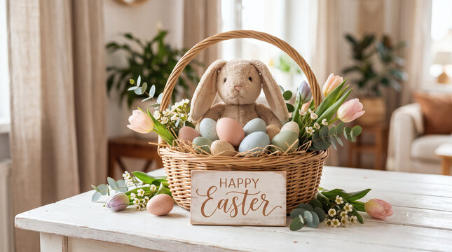 happy easter typography with easter basket colorful eggs plush bunny spring decor on white table in cozy living room festive holiday