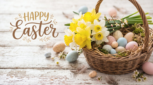 happy easter typography card with egg basket daffodils on rustic white wood spring holiday greeting background