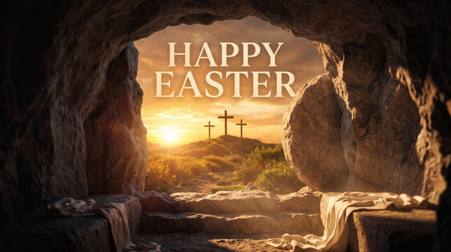 happy easter resurrection scene three crosses on hill at golden sunset viewed from empty tomb cave typography happy easter premium commercial