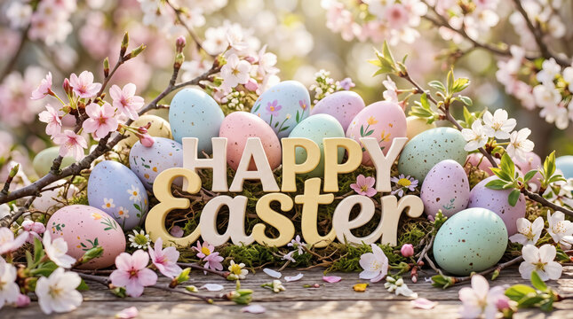 happy easter typography with colorful eggs and spring blossoms festive pastel holiday display for greeting cards and seasonal promotions