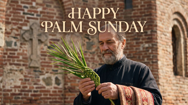 happy palm sunday typography concept orthodox man holding blessed palm leaf against brick church wall traditional faith photography