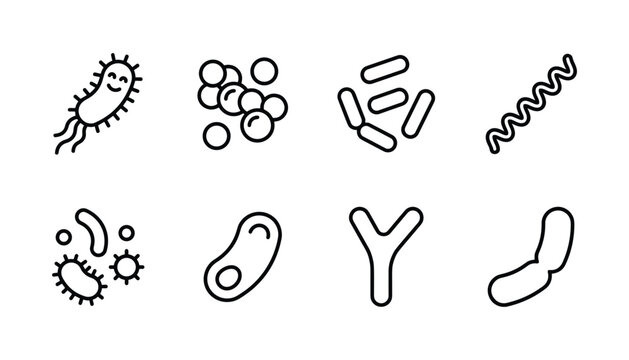 Bacteria and Microorganism Icon Collection with Different Bacterial Shapes, Germs, Microbes, and Microbiology Symbols