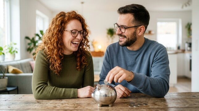 A happy adult couple saving money by putting coins into a piggy bank at home.