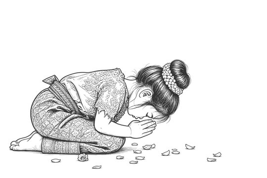 Line art drawing of a girl in traditional thai dress prostrating with hands pressed together in respect surrounded by falling petals vector svg