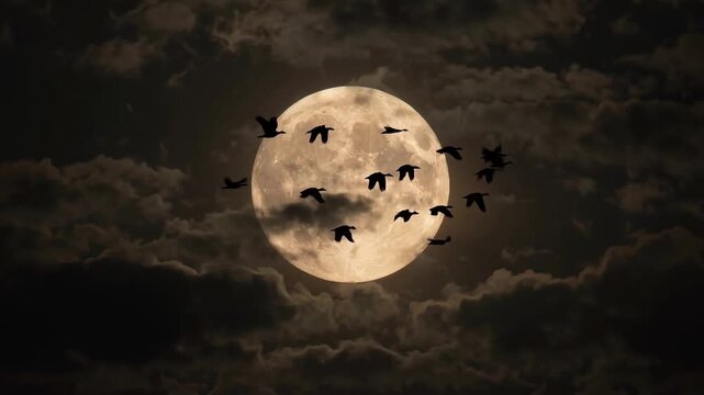 A very large bright full moon with clearly visible surface craters, partially obscured by heavy layers of dark textured storm clouds moving across the luminous lunar disk in the dark night sky