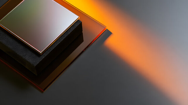 Top-down flat lay of iridescent semiconductor silicon die on black ESD foam and amber acrylic plate with 70% dark B2B copy space