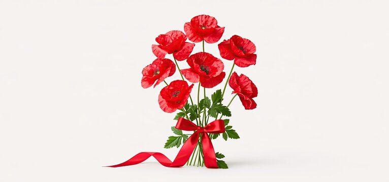 In a soft remembrance setting, red poppies are arranged with a tribute ribbon honoring military service on Veterans Day.