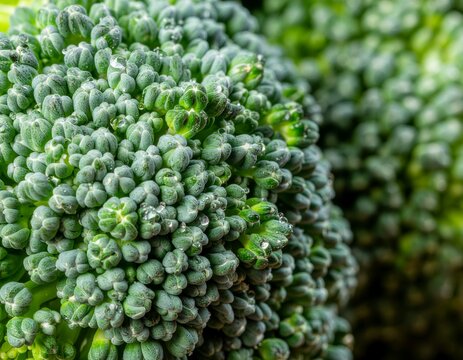 Broccoli florets texture background, tightly packed green buds full frame, fresh vegetable extreme close-up