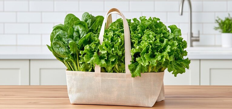 Fresh leafy greens packed in a reusable bag featuring a consumer safety warning in a bright kitchen environment.