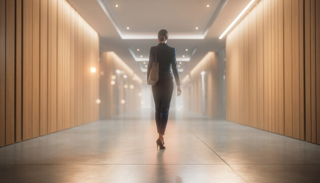 Rear view of businesswoman walking down modern luxury corporate corridor with wood panels, soft lights, and copy space