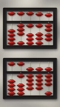 Wooden abacus counting up with beads flicked rod by rod, then cleared to zero, soft window light on desk, seamless loop in deep gray tones vertical 9:16