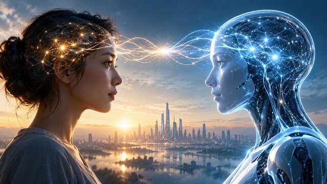 Human woman and humanoid robot facing each other with glowing neural connections above a futuristic city skyline at sunset.