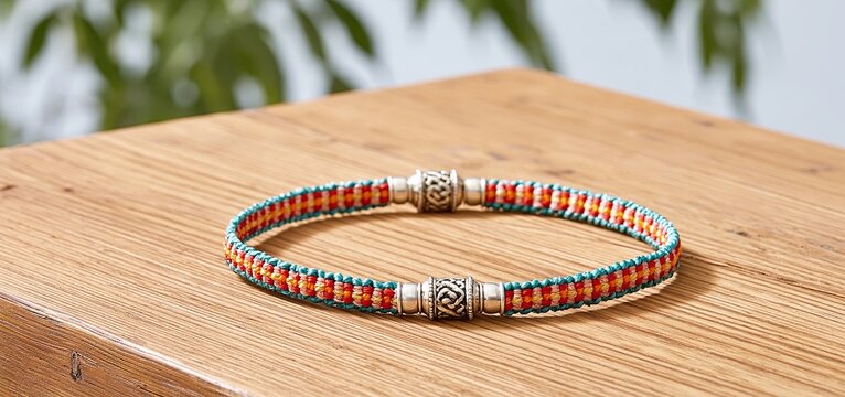 A silver and teal rakhi elegantly arranged on weathered wood, highlighting the warmth of sibling connection.