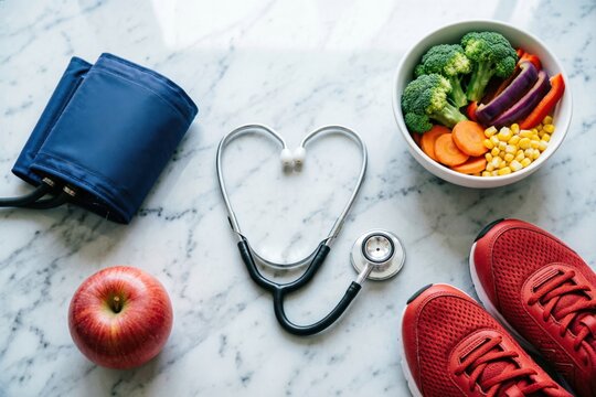 Una superficie de m&aacute;rmol con un estetoscopio dispuesto en forma de coraz&oacute;n, un tensi&oacute;metro, un bol con verduras frescas, zapatillas de deporte y una manzana
