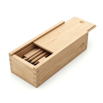 Natural Wood Pencil Box with Sliding Lid and Colored Pencils