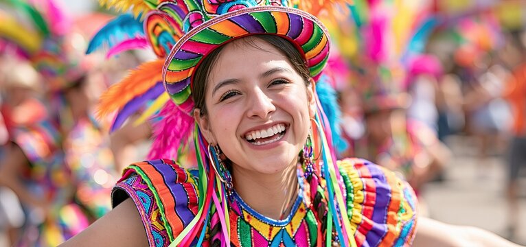 At a colorful Brazilian festival, a dancer in an intricate costume with vivid feathers and patterns celebrates joyfully.