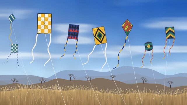 Traditional Japanese kites with geometric patterns flying in a clear winter sky above dry grass hills, tails fluttering in the wind, New Year seamless loop in vibrant blue tones