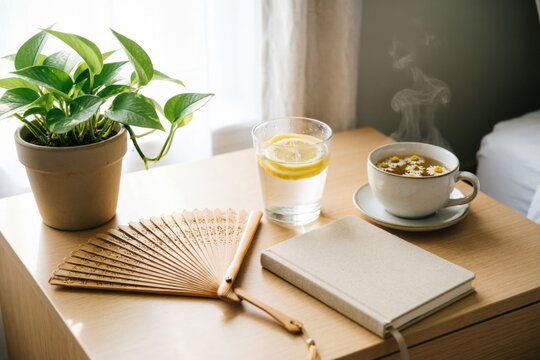 Menopausia: un abanico de mano, un vaso de agua con lim&oacute;n, un diario, una taza de infusi&oacute;n y una planta peque&ntilde;a sobre una mesa