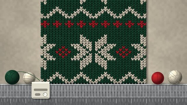 Nordic Fair Isle knit fabric being knitted row by row on a knitting machine, eight-point star, diamond and wave sweater pattern rising upward, winter holiday seamless loop in soft green tones