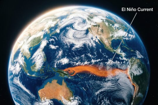 El planeta Tierra visto desde el espacio, centrado en el oc&eacute;ano Pac&iacute;fico; la corriente de El Ni&ntilde;o aparece como una amplia franja de agua c&aacute;lida de color naranja