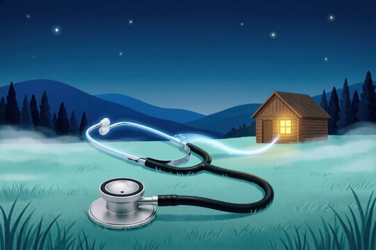 Telemedicina: un estetoscopio cuyo tubo se transforma en una l&iacute;nea de luz resplandeciente que atraviesa un paisaje nocturno hacia una peque&ntilde;a casa lejana