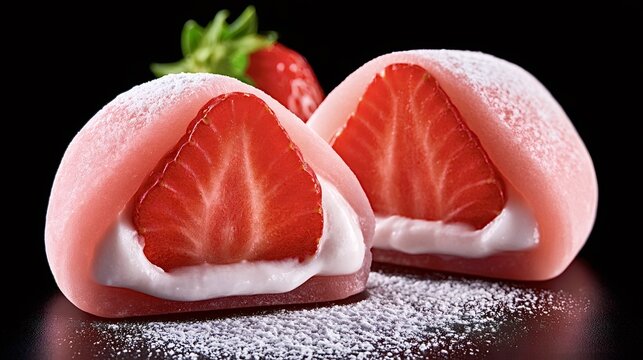 Strawberry daifuku mochi with ripe red strawberries and creamy white filling, dusted with powdered sugar on a dark background  soft, chewy japanese wagashi close up