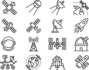 Space Satellite and Telecommunication Line Icon Set with Rocket, Astronaut Helmet, and Observatory Vector Graphics for Aerospace Websites, Astronomy Apps, and Global Network Designs © MdAshik