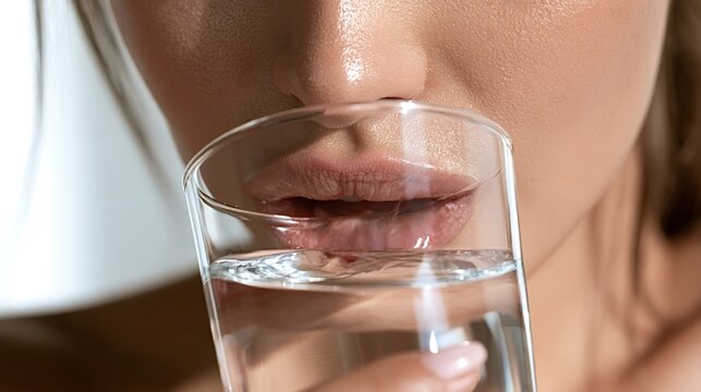 Woman sipping a glass of fresh water, close up on lips and skin, promoting hydration, skincare and daily self care for a healthy, refreshing lifestyle and overall wellbeing