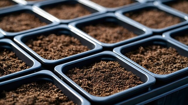 Brown soil packed into cells of a black seedling tray in orderly rows, evoking gardening, sustainable cultivation and new life in a nursery or greenhouse setting