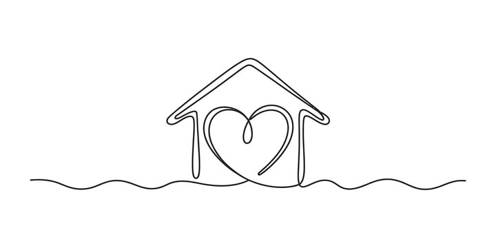 Continuous one line drawing of a house with a heart inside