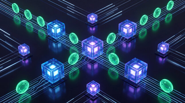 Abstract Blockchain Network: A futuristic visualization of a blockchain network with glowing cubes representing nodes and circular elements symbolizing cryptocurrency coins.