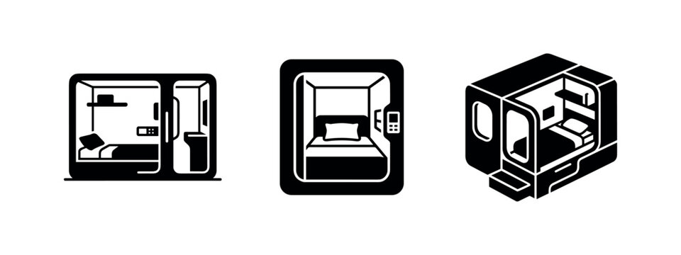 Interior of capsule hotel room black silhouettes, sleeping pod design vector icons for compact living