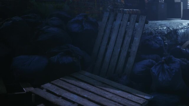 Dark urban alleyway featuring a pile of discarded black trash bags and wooden pallets resting against a brick wall under the dim light of the night hours in a quiet corner of the city streets