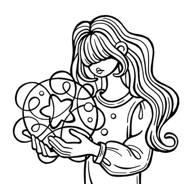 Mental health awareness line art icon drawing of sad woman holding tangled star of hope in mind chaos. Concept of inner healing, anxiety, psychology and emotional struggle on transparent background.
