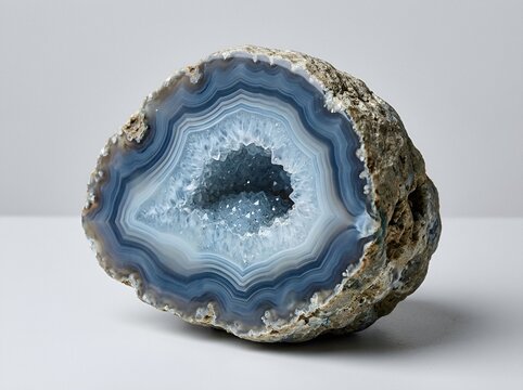 Blue agate geode half featuring crystal cavity and concentric