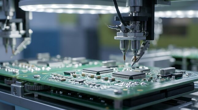 Advanced surface mount technology machine working on a green PCB motherboard inside a clean industrial manufacturing facility